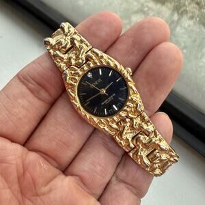 VTG Geneve Diamond Quartz Watch Women Gold Nugget Tone Black Analog 7" Length